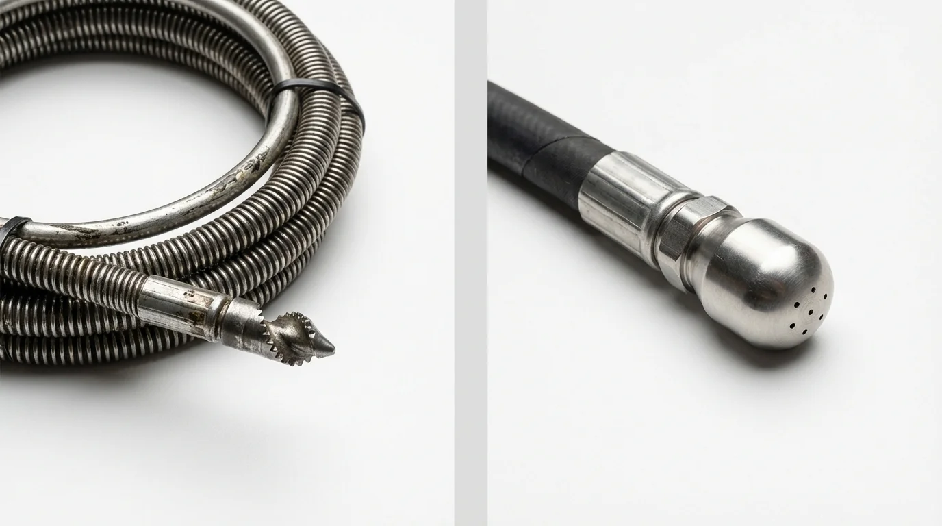 Drain snake cable and hydro jetting nozzle used for drain cleaning in Hurley, WI