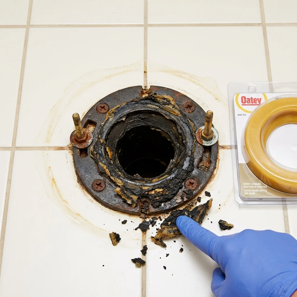Failed wax ring showing water seepage at the base of a toilet in a Hurley, WI home