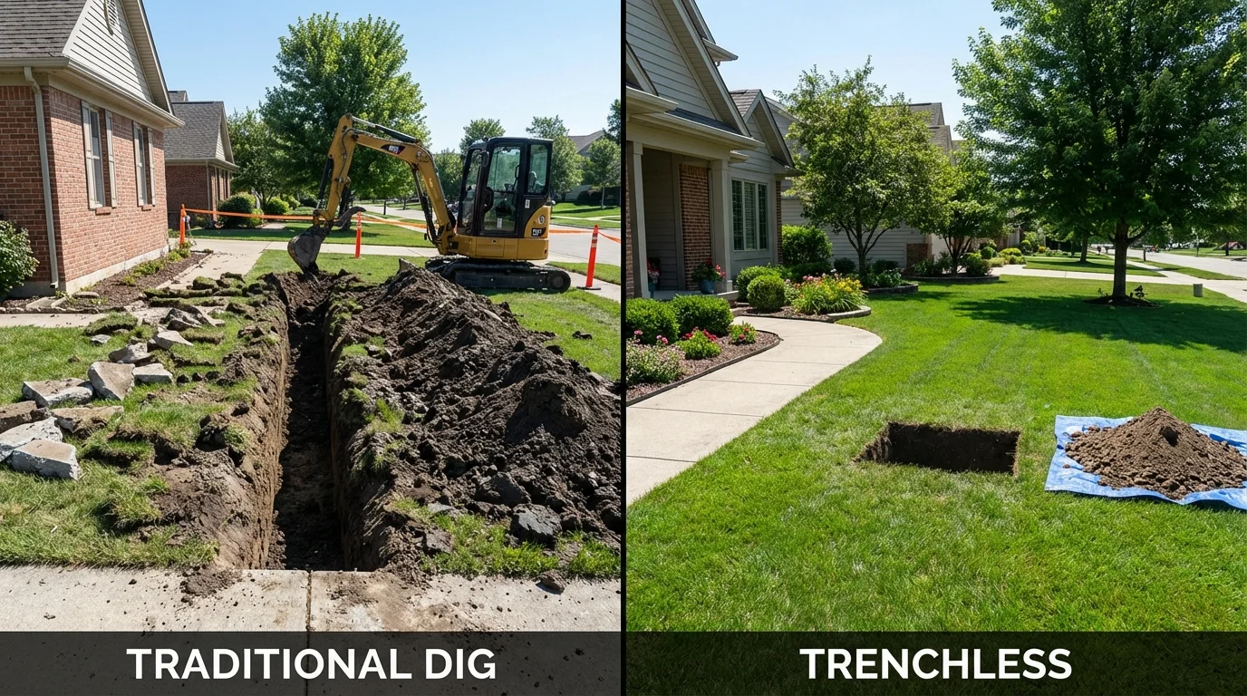 Trenchless sewer repair with minimal yard damage versus traditional excavation in Hurley, WI