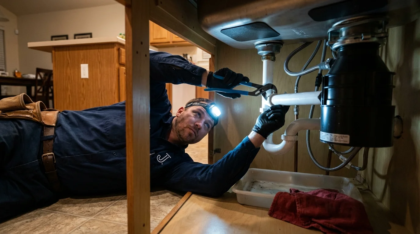 P-trap and supply line connections under a kitchen sink showing a common leak point in Hurley, WI